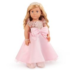 a doll with blonde hair wearing a pink dress and a tiara, standing in front of a white background