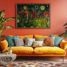 a living room with an orange couch, potted plant and painting on the wall