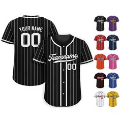 Pinstripe Custom Baseball Jersey is a stylish and functional piece that ensuring a comfortable fit for groups, individuals, couples, teams, or anyone who loves Baseball fashionable and sporty vibe. From casual outings to intense gameplay, this baseball jersey always guarantees both style and performance. If you have any other design ideas, or any changes to the jersey details, simply share an image and we will create a visual representation for you to confirm. ⚾FEATURES - Personalized team name, name, number, and patches with your choice. - Available in men, women, youth and preschool sizes. - Made of high-quality polyester fabric, printing with no fading. - Durable, lightweight and breathable fabric that keeps you cool and dry. - The reinforced stitching guarantees long-lasting performanc Casual Black Baseball Jersey For Team Events, Striped Baseball Jersey With Letter Print And Baseball Collar, Striped Baseball Jersey With Three Stripes And Baseball Collar, Sporty Striped Baseball Jersey For College, Striped Baseball Jersey With Team Name For Sports, Striped Varsity Baseball Jersey For Sports, Striped Varsity Baseball Jersey, Sporty Striped Baseball Jersey With Team Name, Striped Baseball Jersey With Collar