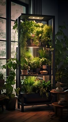 an indoor planter filled with lots of plants in it's display case at night