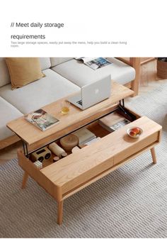 a coffee table with an open drawer underneath it on carpeted floor next to couch