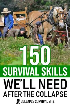 there is a poster with horses and people in the background that says, 150 survival skills we'll need after the collapse