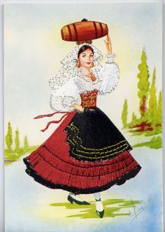 A girl from Lucany (now this region is named "Basilicate"), Italy Embroidered Postcards, Italian Costume, Spanish Costume, Lady Games, Italy Dress, Mediterranean Aesthetic, Old Cards, Folk Doll, Italian Women