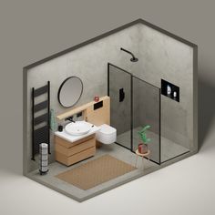 a bathroom with a shower, sink and toilet in it's corner area next to a mirror