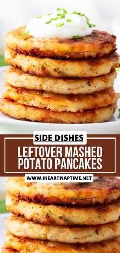 side dishes for leftover mashed potato pancakes on a white plate with text overlay