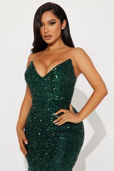 Available In Hot Pink And Emerald. Sequin Gown Strapless Hidden Back Zipper Mermaid Padded Bra Cups Lined Stretch Self/Lining: 100% Polyester Imported | Rosalind Sequin Gown Dress in Emerald size XS by Fashion Nova Womens Green Dress, Sequin Gown, Padded Bra, Gown Dress, Bra Cups, Matching Dresses, In Hot, Active Wear For Women, Green Dress