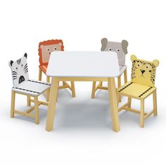 children's wooden table and chairs with animal faces on the top one has a zebra, giraffe, and lion