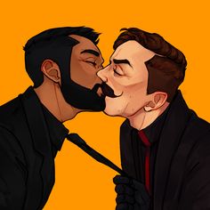 two men with fake mustaches are kissing each other