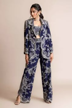 Shop for Nupur Kanoi Blue Crepe Hand Embroidered Blazer And Pant Set for Women Online at Aza Fashions Ethnic Coat Pant For Women, Blazer Suits For Women Indian, Pant And Blazer For Women, Party Wear Pant Suit For Women, Blazer Outfits For Women Traditional, Ethnic Pant Suits For Women, Embroidery Blazers For Women, Traditional Blazer Outfits For Women, Ethnic Blazers For Women