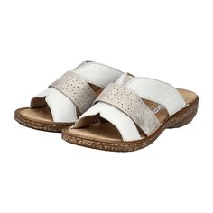 Rieker 62897 Women's Sandals, White Rieker 62897 Women's Sandals - White Stay comfortable and stylish with the Rieker 62897 women's sandals. Crafted from smooth leather, these flats feature a flat heel for all-day wear. The normal width (G) ensures a perfect fit, while the brown sole adds a touch of contrast to the white upper.   Color: White  Heel Height: 2.5 cm  Heel Type: Flat  Shoe Width: Normal (G)  Removable Insole: No  Material: Smooth Leather  Lining Material: Textile  Insole Material: Textile  Sole Material: EVA (Ethylene-Vinylacetate)  Lining of the Shoes: Unlined   Easy to slip on, these Rieker sandals are perfect for everyday wear. Keep them looking their best by gently brushing off dust and dirt with a soft shoe brush or a lint-free, slightly damp cloth. White Slip On Shoes, Shoe Brushes, Sandals White, Soft Shoes, White Slip, White Heels, Women's Sandals, Smooth Leather, Slip On Shoes