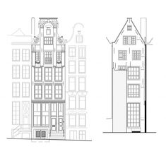 two buildings with windows and balconies are shown in the same drawing, one is black and white