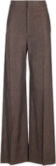 Linen Wide-leg Office Pants, Brown Linen Pants For Work, Brown Linen Pants For Workwear, Chic Brown Linen Bottoms, Brown Linen Workwear Bottoms, Brown Linen Bottoms For Work, Brown Linen Wide Leg Pants With Pockets, Brown Linen Trousers, Versace Designer