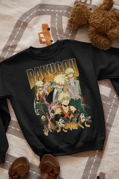 Katsuki Bakugo Sweatshirt, Kacchan, My Hero Academia Black T-shirt With Character Print For Winter, Anime Print Crew Neck Tops For Fandom, Pop Culture Anime Print Crew Neck Tops, Black Character Print T-shirt For Winter, Black Cotton Sweatshirt With Character Print, Black Anime Print Crew Neck Sweatshirt, Fall Anime Print Crew Neck Top, Anime-themed Cotton Tops, Long Sleeve Character Print Fan Apparel Top