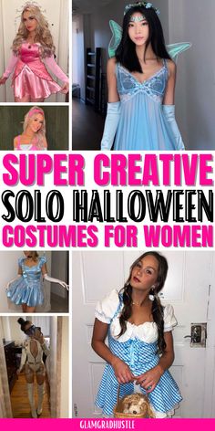 the collage shows different costumes for women in various styles and colors, with text that reads super creative soloo halloween costumes for women