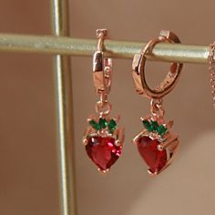 Strawberry Earrings, Rose Gold Plated, Red Strawberry Earrings, 925K Silver Earrings, Fruit Earrings, Summer Earrings, With Zircon Stone The most popular jewelries of the summer months are the ones with fruit figures. Their bright and lively appearance fascinates people. By purchasing these beautiful products, you can make yourself and your loved ones taste this happiness. :) *Silver strawberry fruit earrings with zircon stones are made of 925 sterling silver. *Rose gold plated on this earring. Red Single Earring Fine Jewelry, Red Fine Jewelry Hoop Earrings As Gift, Red Drop Earrings Fine Jewelry, Sterling Silver Star Earrings, Stained Glass Earrings, Strawberry Earrings, Phoenix Necklace, Phoenix Pendant, Enamel Stud Earrings