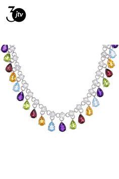 4.91ctw Pear Shape Glacier Topaz���, 4.10ctw Pear Shape Manchurian Peridot���, 4.07ctw Pear Shape Raspberry Rhodolite, 3.76ctw Pear Shape African Amethyst, 3.35ctw Pear Shape Brazilian Citrine, and 8.85ctw Round White Topaz Rhodium Over Sterling Silver Necklace. Measures approximately .59"W. Lobster clasp. 2" extender. Multicolor Cubic Zirconia Gemstones For Formal Occasions, Formal Multicolor Gemstone Accented Jewelry, Formal Multicolor Gemstone Jewelry, Multicolor Cubic Zirconia Necklace For Formal Events, Multicolor Cubic Zirconia Necklace For Formal Occasions, Multicolor Teardrop Crystal Jewelry, Multicolor Crystal Teardrop Jewelry, Dazzling Multicolor Jewelry With Gemstone Accents, Multicolor Sterling Silver Drop Jewelry