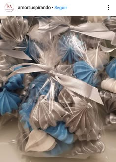 blue and silver flowers wrapped in plastic