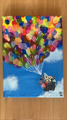 a painting of a person flying with balloons