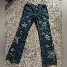 Womens “Donna” Moschino Stars Patched Denim Pants 1990's Sz 30 Measurement Are In The Pictures See Pictures Star On Jeans, Bedazzled Pants, Bedazzled Jeans, Patched Denim, Star Pants, Moschino Jeans, Blue Streetwear, Denim Patches, Jeans Womens