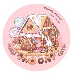 a pink sticker with an image of a house and some lollipops