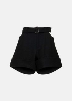 Wool blend belted short pants in black.  concealed front button and zip closure  includes adjustable belt with buckle closure  two side pockets    90% wool 10% polyamide.  made in japan. Belt With Buckle, Dad Day, Belted Shorts, Cuffed Shorts, Designer Clothes For Men, Something Went Wrong, Yohji Yamamoto, Adjustable Belt, Summer Accessories