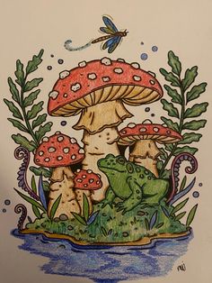 a drawing of mushrooms and toadgies in the grass