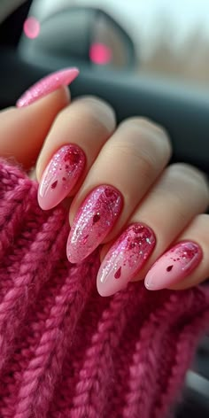 Pink And Red Nail Designs Valentines Day, Pink Glitter Valentines Day Nails, Valentine’s Nail Ideas, Valentines Glitter Nails, Valentine Nails Glitter, Valentines Day Nails Glitter, Glitter Valentines Nails, Pretty Classy Nails, Fun Valentines Nails