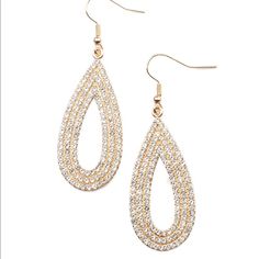 Three Glittery Rows Of Glassy White Rhinestones Coalesce Into A Sparkly Golden Teardrop, Creating A Dramatically Dazzling Statement Piece. Earring Attaches To A Standard Fishhook Fitting. Gold Crystal Teardrop Earrings For Party, Gold Cubic Zirconia Teardrop Party Earrings, Elegant Gold Teardrop Earrings With Rhinestones, Elegant Glitter Earrings For Party, Elegant Glitter Dangle Jewelry, Elegant Glitter Dangle Earrings, Glamorous Gold Teardrop Earrings For Party, Elegant Glitter Jewelry For Parties, Glamorous Gold Sparkling Teardrop Earrings