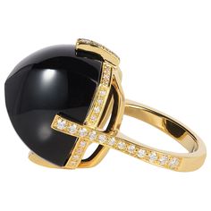 Medium Onyx Sugar Loaf Ring with Diamonds in 18K Yellow Gold, from 'Rock N Roll' Collection Stone Size: 16 x 16 mm Gemstone Weight: 23.89 Carats Diamond: G-H / VS, Approx Wt: 0.47 Carats Luxury Cabochon Diamond Ring For Formal Occasions, Luxury Formal Cabochon Diamond Ring, Luxury Yellow Gold Cabochon Diamond Ring, Elegant Round Onyx Diamond Ring, Luxury Cabochon Diamond Ring As Gift, Luxury Black Rings For Formal Occasions, Luxury Hallmarked Onyx Rings, Luxury Oval Black Enamel Rings, Luxury Onyx Rings For Formal Occasions