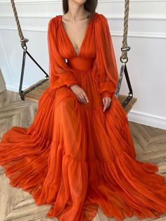 Orange Tulle Dress, Gaun Tulle, Rustic Dresses, Chiffon Ruffle Dress, Simple Prom Dress, Prom Dresses Gowns, Red Party, Boho Theme, Ball Gowns Evening