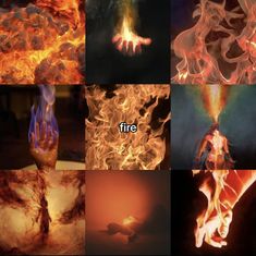 four different pictures with fire and flames in the middle one has hands reaching up to it