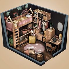 a room with a bunk bed, desk and other items in the area around it