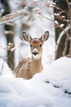 a deer is standing in the snow near some trees