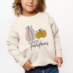 Looking for a cute sweatshirt for your kids? We have the perfect Cutest Pumpkins graphic sweatshirt addition to their closet! Also available in youth sweatshirts. Playful Crew Neck Hoodie For Fall, Playful Letter Print Sweatshirt For Fall, Playful Letter Print Sweater For Fall, Cute Fall Sweatshirt With Funny Print, Cute Cartoon Print Sweatshirt For Fall, Cute Cartoon Print Fall Sweatshirt, Toddler Valentines, Cute Sweatshirts, Toddler Boy Outfits