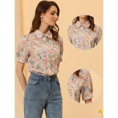 White: 90% Polyester, 10% Cotton; Dark Blue&Light Blue: 100% Cotton. In the blooming floral print design, this vintage blouse adds to your choice for the upcoming seasons. Timeless collared design and soft material, perfectly make your peasant charming and versatile to match in daily. Pair it with denim shorts, pants, jeans, or elegant skirts for many occasions, and you can also build an urban chic lady look. Spring Multicolor Blouse With Collared Neckline, Spring Floral Print Collared Blouse, Spring Floral Print Collared Tops, Spring Floral Print Blouse With Collar, Multicolor Spring Shirt With Collared Neckline, Casual Collared Blouse With Floral Print, Multicolor Collared Shirt For Spring, White Floral Print Top With Collared Neckline, Multicolor Floral Print Top With Collared Neckline