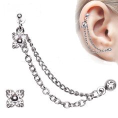 316L Surgical Steel Flower CZ Double Chained Cartilage Earring - Fashion Hut Jewelry Helix Chain Earrings, Upper Ear Earrings, Steel Flowers, Ear Earrings, Cartilage Earring, Double Chain, Cartilage Earrings, Stylish Jewelry, Helix