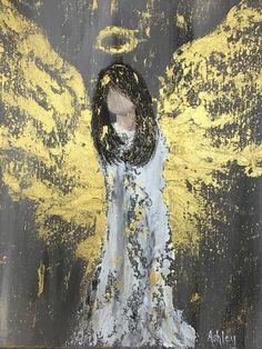 a painting of an angel with yellow and black paint