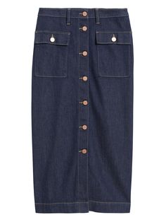 Denim Utility Midi Skirt | Banana Republic Non-stretch Denim Skirt With Button Closure For Spring, Cheap Button-up Denim Skirt With Pockets, Knee-length Denim Skirt With Button Closure, Cheap Medium Wash Button-up Denim Skirt, Medium Wash Button-up Denim Skirt With Snap Buttons, Capsule Wardrobe Pieces, Fashion Capsule, Denim Button Up, Women Empowerment