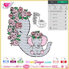 an elephant with flowers on its head is shown in the appliqued design