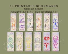 twelve zodiac signs and symbols are shown in different colors, with the names on them