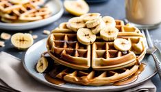 a stack of waffles topped with banana slices and drizzled in syrup