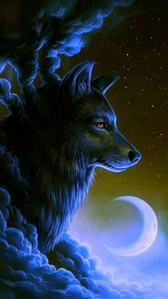 a painting of a wolf in the night sky with clouds and moon behind his head