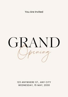 the grand opening announcement is shown in black and white, with gold lettering on it