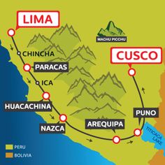 a map of the route from cusco to cueco in peru, including mountains and lakes