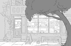 a black and white drawing of a tree in front of a storefront with windows