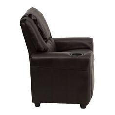 a black leather recliner sitting on top of a white floor next to a cup holder