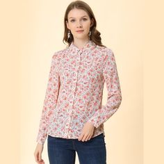 Let your wardrobe blossom with this graceful floral shirt. Whether you're in the office or out on town, this ditsy floral-printed shirt is perfect for any occasion. Wear this shirt out for a breezy look. Pair it with skirts or skinny jeans and high-heeled sandals to finish your look. The graceful floral print makes this blouse a lovely addition to your weekend wardrobe. Blouse Long Sleeve, Chiffon Long Sleeve, Weekend Wardrobe, Contrast Collar, Collars For Women, Collar Top, Collar Blouse, Women's Shirts, Womens Clothing Sizes