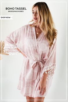 Bridesmaid robes with a boho style print and cotton fringe tassel trimmed sleeves make a cute getting ready outfit for the bridal party! Bridal Robe Lace, Bridesmaid Robe Personalized, Bridesmaid Gift Ideas, Boho Robes, Best Bridesmaid Gifts, Wedding Robes, Robes For Women, Brides Babes, Blush Bridesmaids