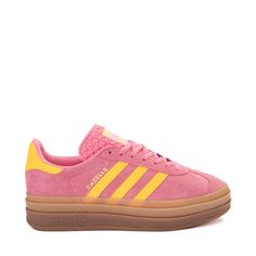 Womens adidas Gazelle Bold Athletic Shoe - Bliss Pink / Spark Yellow / Gum Pink And Yellow Gazelle, Pink And Orange Gazelle, Journeys Shoes, Bold Gazelle, Addias Gazzels, Gazelles Adidas, Shoes Preppy, Sambas Adidas, Adidas Gazelles