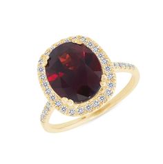 This Sparkling Solid 14k Gold Ring has a beautiful Genuine Oval Garnet center stone which is accentuated by a sparkling Diamond halo on a Diamond band. This elegant ring is handcrafted to perfection to create a simple, yet timeless piece of jewelry for everyone's collection. With a gorgeous Garnet center stone and bright white accompanying diamonds, this ring is the perfect gift for a loved one - friend, girlfriend, wife, daughter, and mother - for any occasion - birthday, graduation, anniversar Dazzling Oval Ruby Ring With Halo Setting, Garnet Halo Setting Rings In Fine Jewelry, Red Cushion Cut Ring With Accent Stones, Fine Jewelry Garnet Diamond Ring With Center Stone, Yellow Gold Garnet Rings With Gemstone Accents, Formal Garnet Ring With Halo Setting, Dazzling Red Oval Ring, Fine Jewelry Ruby Halo Ring With Accent Stones, 14k Gold Red Halo Rings